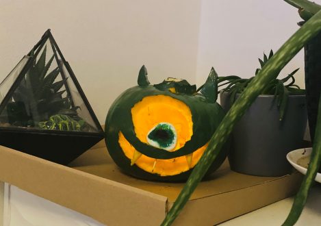 Mike wazowski inspired carved pumpkin