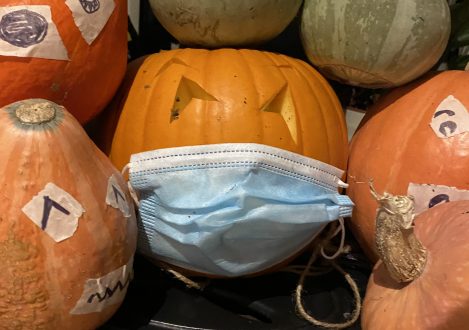 A group of COVID-19 themed pumpkin carvings