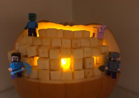 Unique carved pumpkin with gaming characters on it