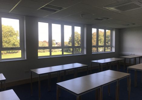 The view of the windows outside in our new classrooms