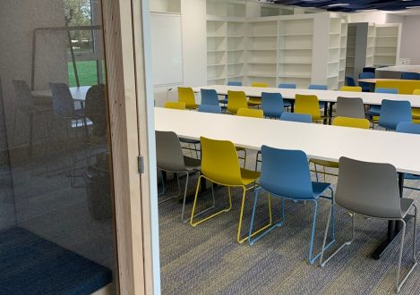 Long tables with chairs in our new space