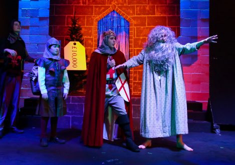 Students acting in Spamalot Play