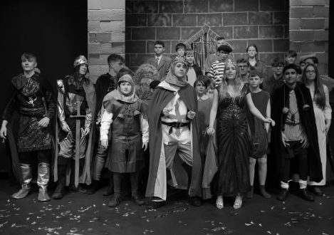 Greyscale image of the Spamalot Play group