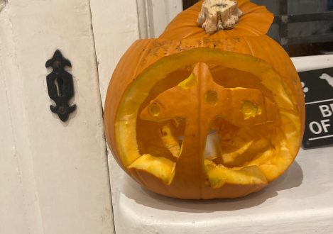 a decorative carved pumpkin