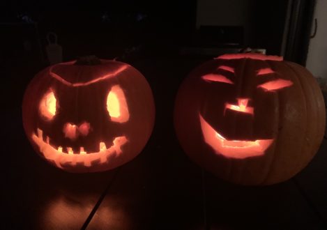 happy looking carved pumpkins