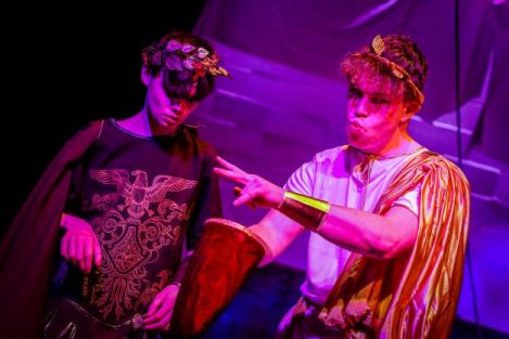 two boys wearing leaf crowns and robes