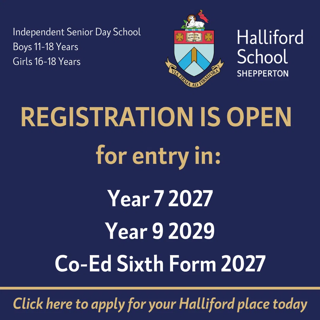 Halliford School poster announcing registration is open for Year 7 (2027), Year 9 (2029), and Co-Ed Sixth Form (2027); includes school crest and a call to apply.