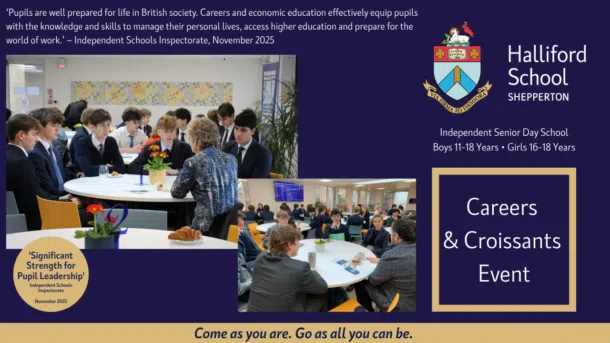Poster for Hallford School's Careers & Croissants Event featuring students at round tables and the school crest (navy background).