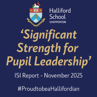 School crest (Halford School, Shepperton) with bold beige title text on a dark blue background; appears to be a report cover.